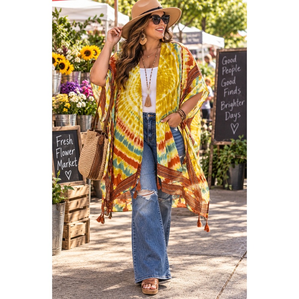 Do Everything In Love Yellow Tie Dye Kimono Tassel Wrap Cover Up One Size